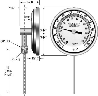 bottom connected bimetal thermometer
